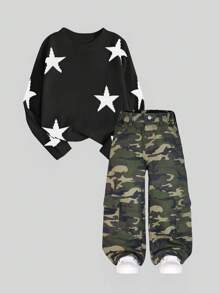 SHEIN 年轻女孩日常休闲时尚街头风格 Y2K 工装裤，多口袋迷彩，舒适洗水牛仔裤 - 彩色 - 查看 1