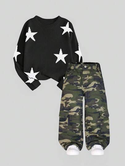 SHEIN 年轻女孩日常休闲时尚街头风格 Y2K 工装裤，多口袋迷彩，舒适洗水牛仔裤