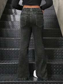 Girls Casual High Stretch Comfortable Slim Flared Washed Denim Jeans, Versatile For Daily Wear - Black - View 2