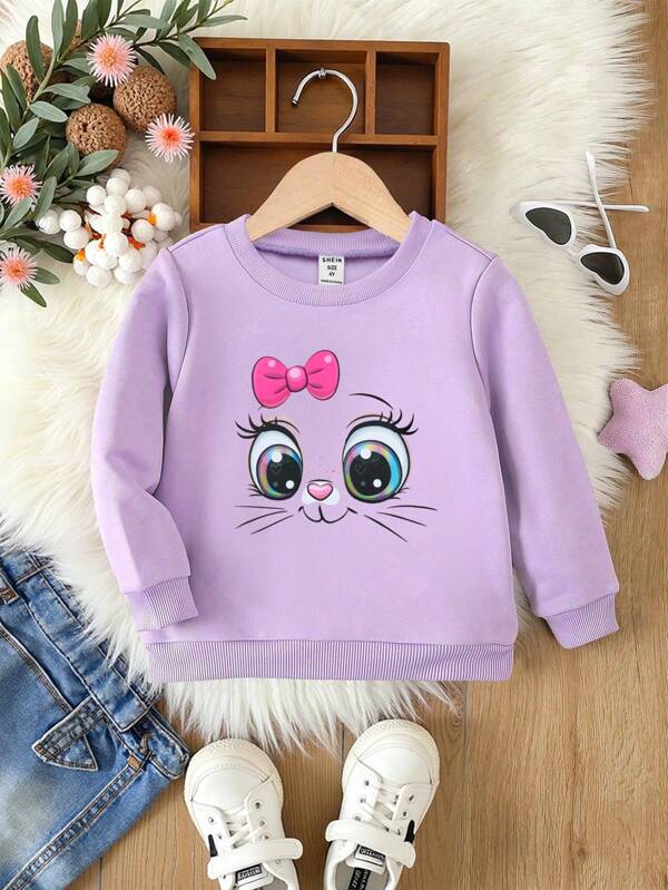 Young Girl Sweatshirt, Autumn/Winter New Design, Round Neck Pullover Sweatshirt, Long Sleeve, Casual Loose, Sports & Leisure, Pale Purple Cute Color, Campus Style, Street Style, Cute Style, Interesting Print Pattern, Big Eyes Cute , Bow Headpiece