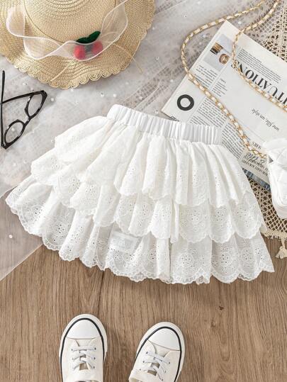 SHEIN Elladie kids 年轻女孩休闲三层刺绣荷叶边下摆裙子