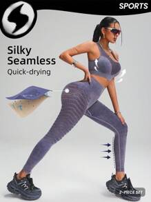 Innovista Violetter Wascheffekt Jeans-Look Nahtloses Sportset mit hoher Elastizität 2 Stücke für Damen, nahtloser Sport-BH mit mittlerer Stützfunktion und Racerback-Design sowie Push-up Effekt und Workout Biker Leggings Set, Alltagsoutfit & Workout Set, Yoga Set, Fitnessstudio Set, Laufoutfit, Herbst-Winter Tragekleidung, Pilates, Outdoor Yoga