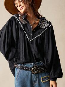 Bohemela Camisa informal de mujer tejida de unicolor con bordado