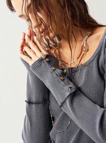 Bohemela 女士纯色针织方领半拉链长袖修身洗水 T 恤 - 黑色 - 查看 4