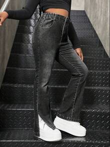 Girls Casual High Stretch Comfortable Slim Flared Washed Denim Jeans, Versatile For Daily Wear - Black - View 4