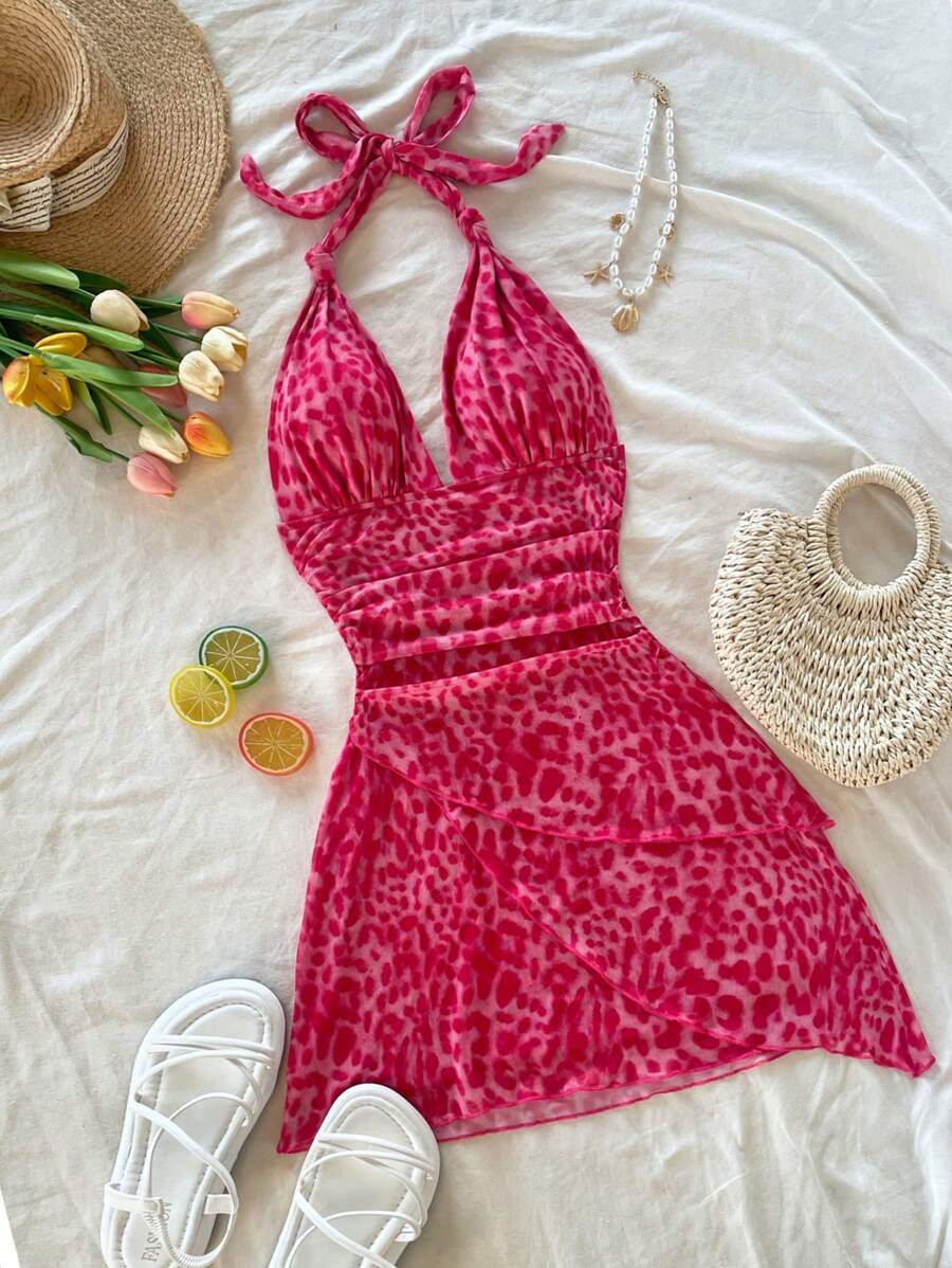 Soleia Váy ngủ cổ chữ V buộc dây họa tiết da báo cổ điển cho ngày lễ lãng mạn dành cho nữ - Hồng - Xem 1