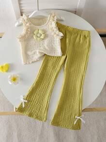 Elladie kids 2pcs Young Girl Flower Decor Patchwork Ruffle Hem Camisole And Flared Pants Cute Set - Multicolor - View 2