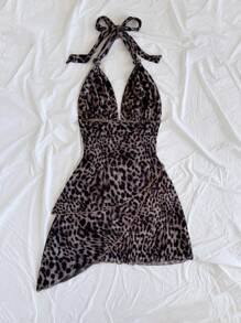Soleia Vintage Leopard Print Halter V-Neck Tie Mesh Ruched Romantic Vacation Women Mini Dress - Multicolor - View 2