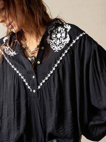 Bohemela Camisa informal de mujer tejida de unicolor con bordado