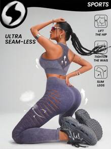 Innovista Violetter Wascheffekt Jeans-Look Nahtloses Sportset mit hoher Elastizität 2 Stücke für Damen, nahtloser Sport-BH mit mittlerer Stützfunktion und Racerback-Design sowie Push-up Effekt und Workout Biker Leggings Set, Alltagsoutfit & Workout Set, Yoga Set, Fitnessstudio Set, Laufoutfit, Herbst-Winter Tragekleidung, Pilates, Outdoor Yoga