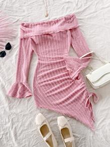 Soleia Casual Off Shoulder Textured Body Con Drawstring Asymmetrical Hem Dress - Pink - View 3