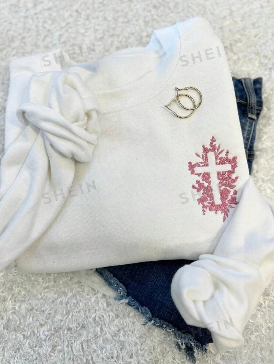 INAWLY Nuevo suéter informal con capucha de mujer con bordado floral de cruz/Ropa con temática religiosa/Sudadera cristiana/Corte holgado para primavera Pascua
