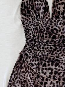 Soleia Vintage Leopard Print Halter V-Neck Tie Mesh Ruched Romantic Vacation Women Mini Dress - Multicolor - View 6
