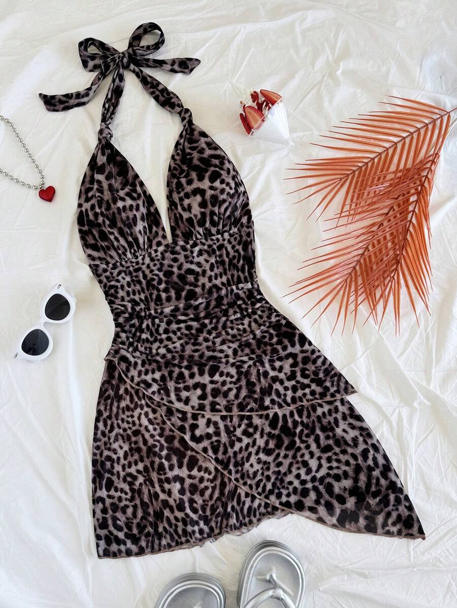 Soleia Vintage Leopard Print Halter V-Neck Tie Mesh Ruched Romantic Vacation Women Mini Dress - Multicolor - View 1