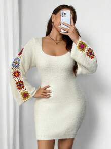 Celure Vestido holgado de punto bordado de colores para mujer de talla grande