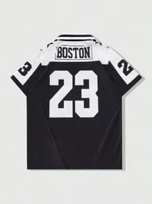 ROMWE MEN Prep Camisa estilo camisa de futebol polo colorblock masculina, adequada para uso diário na primavera/verão - Preto - Ver 2