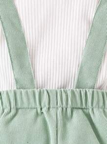 SHEIN Vintaside Kids 2件組女嬰花卉刺繡燈芯絨帽子連身褲 秋季款 - 綠色 - 查看 5
