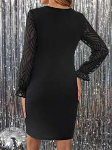 EMERY ROSE Women's Elegant V-Neck Fitted Black Long Sleeve Dress For Work, Autumn