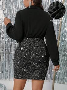 Cravure Vestido de fiesta de satén con parches, de manga larga, cuello en V, de talla grande, con estampado de puntos de lámina y punto elástico 2 en 1 de ajuste ceñido