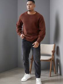 Manfinity CityGents Jersey de cuello redondo de unicolor de manga larga, minimalista, casual para uso diario para hombres