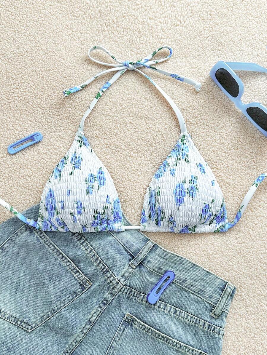 SHEIN Swim 随机印花简约时尚休闲泳装上衣，日常穿着夏季 - 藍白色 - 查看 1