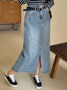 DAZY 1pc Women's Simple Denim Casual Skirt With Side Pockets, Daily Wear