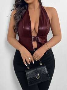 SHEIN Privé Áo ba lỗ dây mảnh cỡ lớn cho nữ có ghim cài cổ chữ V phía trước - Màu Đỏ Sâu - Xem 6