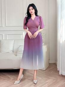 DAZY V-Neck Puff Sleeve Ombre Pleated Waist Midi Dress For Women - Purple - View 9