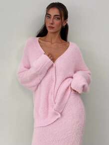 Aloruh 秋冬女款浅黄色超大落肩长袖开衫+A字长款毛衣裙两件套