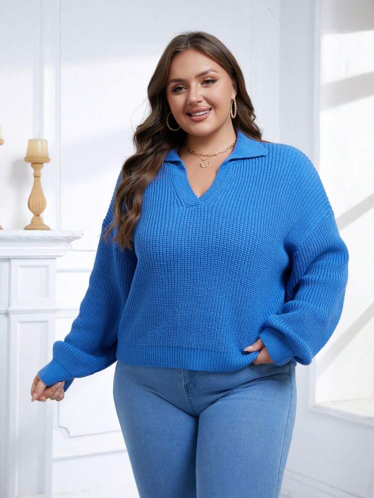 Plus Size Casual Solid Color Drop Shoulder Sweater, Autumn/Winter Knit Pullover Fall Sweater - Blue - View 1