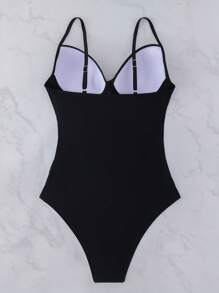 夏季女士优雅时尚网眼拼接可调节肩带聚拢露背连体泳衣 - 黑色 - 查看 8