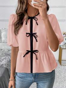 SHEIN Clasi Women's Summer Colorblock Tie Front Short Puff Sleeve Ruffle Hem Cute Peter Pan Collar Blouse - Pink - View 3