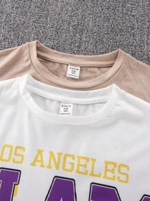 2Pcs Tween Boy Basketball Print Long Sleeve Crew Neck T-Shirt Set, Suitable For Autumn, Spring, Outdoor Play, School, Street, Party And Home Leisure, High Cost-Performance - Khaki - View 3