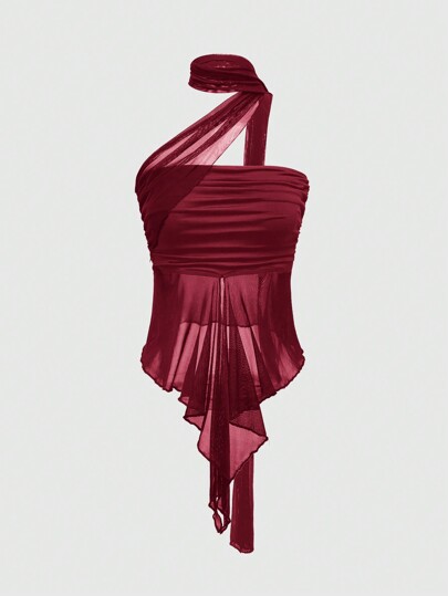 Goth Y2K Style Sexy Modern Ruched Detachable Mesh Scarf Women's Bandeau Top