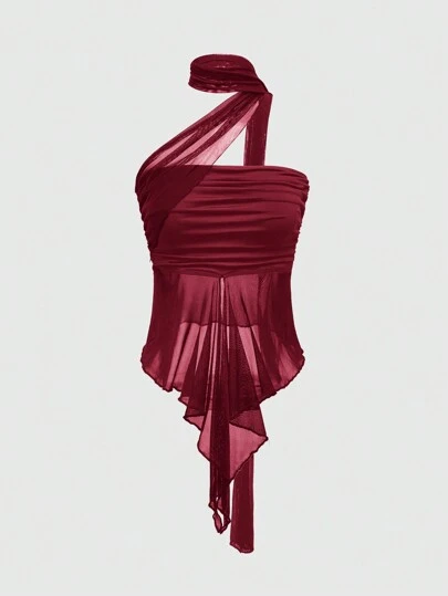 ROMWE Goth Y2K风格性感现代褶皱可拆卸网纱围巾女式抹胸上衣，情人节必备