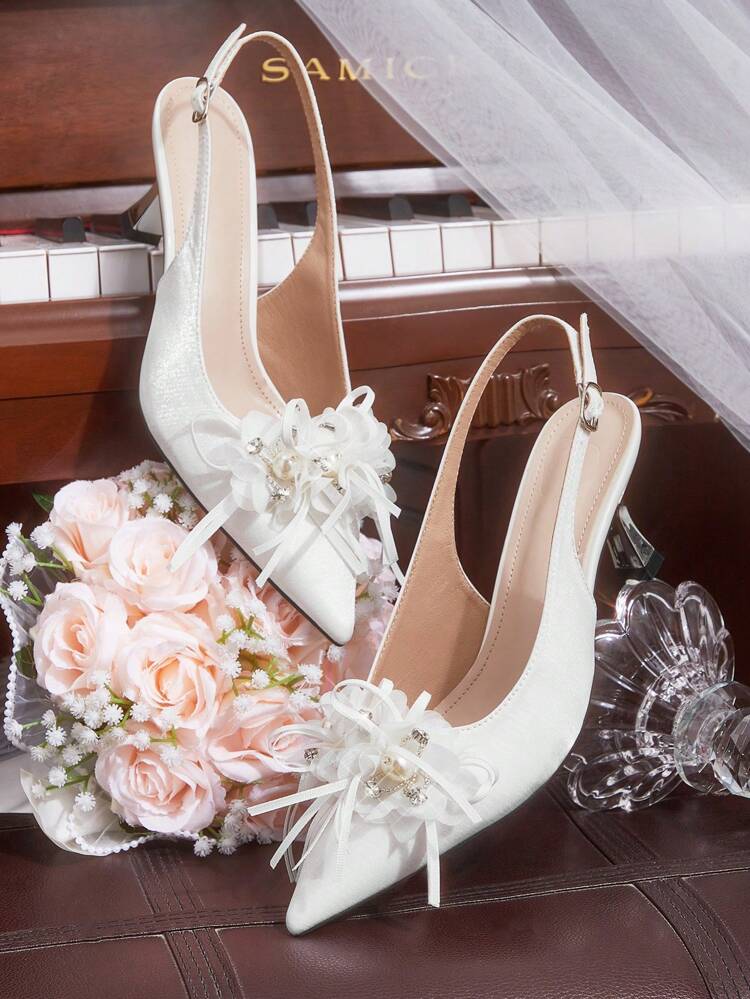 CUCCOO HITCHD Zapatos de tacón alto de punta fina para mujeres, con decoración de lazo de satén blanco, elegantes para uso diario, citas, bodas, oficina, fiestas formales