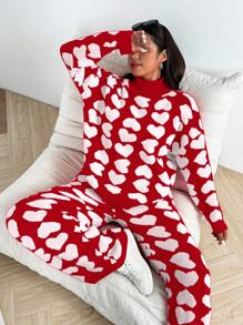 Flirla Fashion Heart Pattern Long Sleeve Knit Sweater Set, Autumn/Winter - Red - View 1