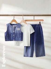 SHEIN A 3-Piece Set For Little Girls Featuring A Casual City Style Round-Neck Short-Sleeve T-Shirt Paired With A Denim Vest And Denim Long Pants. This 3-Piece Set Is Made Of Soft And Comfortable Cotton, Suitable For Spring, Summer, And Autumn. It Is Ideal For Various Occasions Such As City Street Photography, Outdoor Outings, Daily Wear, School, Gatherings, And More.