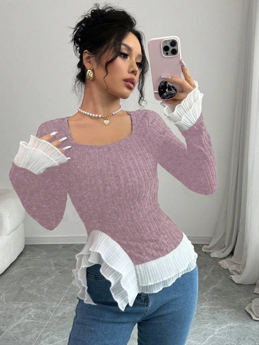 Elenzga T-shirt casual de couleur unie pour femme, design minimaliste pour un usage quotidien - Rose bonbon - Voir 1