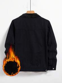 Manfinity Homme Loose Fit Men's Shearling Lined Button Front Denim Jacket (Without T-Shirt) - Black - View 2