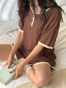 DAZY 2pcs Soft & Comfy Women Sleepwear Set: Short Sleeve Top And Shorts Pajama - Brown - View 1
