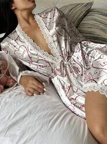 Women's Letter And Heart Print Contrast Lace Elegant Long Sleeve Robe - Pink - View 1