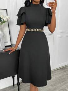 Lyxana Vestido evasé de mujer elegante con cuello redondo, cintura entallada, doble capa de volantes en las mangas y unicolor