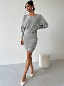 Firerie Women Elegant Gray Autumn Faux Pearl Sweater Dress,Batwing Sleeve Winter Clothes For Christmas Party,Business Commuting New Years Outfit,Brunch Dress - Light Grey - View 3