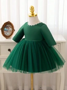 SHEIN Glamorique Kids White Christmas Princess Girl Dress, Satin & Mesh Patchwork Long Sleeve Flower Girl Gown With Bowknot Back, V-Neck Rhinestone For Pageant, Party, Autumn/Winter - Green - View 4