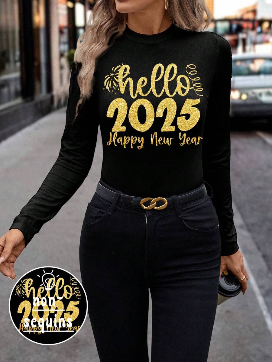 SHEIN Clasi Gold "Frohes Neues Jahr 2025" Muster Slim Fit Langarm Damen T-Shirt Feiertagsparty Damen Top