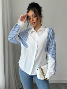 Elenzga Camicia a maniche lunghe da donna con patchwork a righe e bottoni