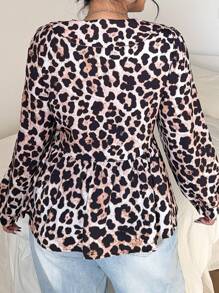Flirla Plus Size Women Leopard Print Peter Pan Collar Open Front Spring/Summer Blouse - Multicolor - View 2