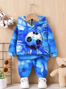 SHEIN Baby Boy Casual Loose Comfortable Soft Knit Sporty Hoodie Sweatshirt & Pants Set With Football Falling Into Net With Blue Sky And White Cloud Print