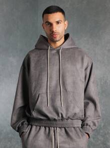 SUMWON Bộ đồ thể thao rộng rãi phối đồ da lộn mùa đông mặc ở nhà, áo hoodie và quần short nỉ, đồ tập thể thao đường phố cao cấp, bộ đồ thoải mái, thể thao giải trí - Xám - Xem 3